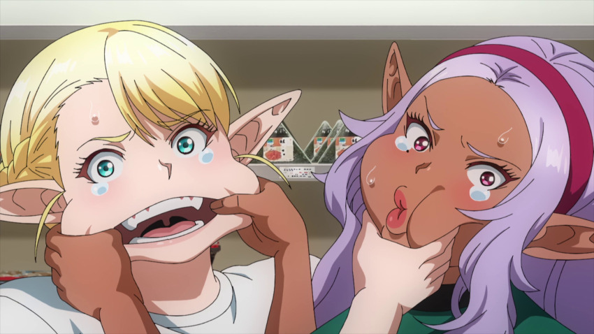 2girls anime_screenshot blonde_hair blue_eyes dark-skinned_female dark_elf dark_skin elf elf-san_wa_yaserarenai. elfuda_(elf-san_wa_yaserarenai.) female_focus finger_in_another&#039;s_mouth grabbing_another&#039;s_chin hairband hand_on_another&#039;s_chin highres kuroeda_(elf-san_wa_yaserarenai.) long_hair looking_at_viewer multiple_girls open_mouth pink_eyes pointy_ears portrait pout purple_hair red_hairband short_hair sweat tearing_up tongue uvula