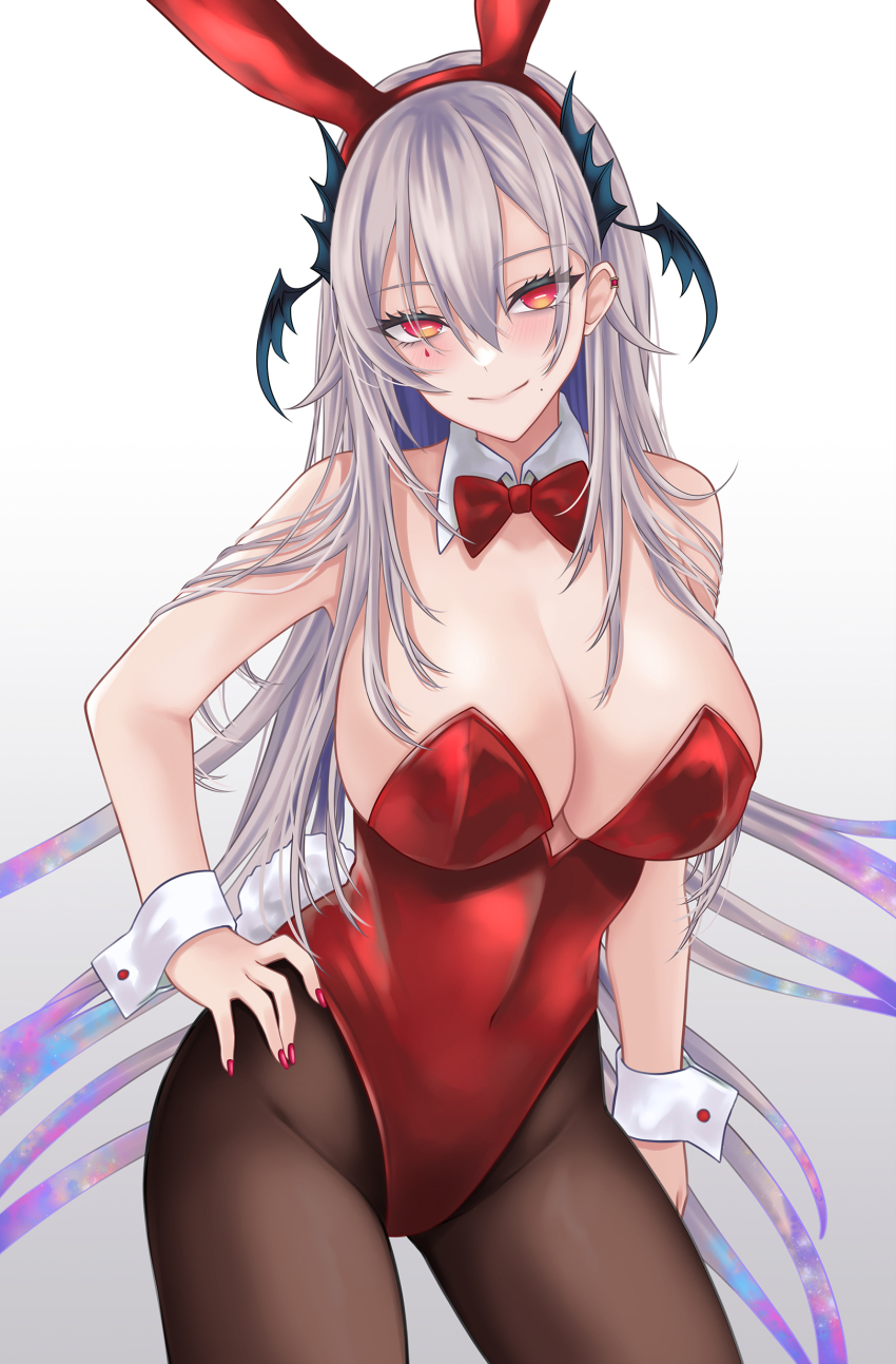 1girl absurdres alternate_costume animal_ear_hairband animal_ears bare_shoulders black_pantyhose blush bow bowtie breasts cleavage collar commentary covered_navel cowboy_shot detached_collar fake_animal_ears hair_between_eyes hairband hand_on_own_hip highleg highleg_leotard highres indie_virtual_youtuber large_breasts leotard linea_alba long_hair looking_at_viewer m_(1n910) mole_beside_mouth multicolored_hair nail_polish pantyhose pink_nails pochimaru_(vtuber) rabbit_ear_hairband rabbit_ears red_bow red_bowtie red_eyes red_leotard slit_pupils smile solo standing strapless strapless_leotard symbol-only_commentary teardrop_facial_mark very_long_hair virtual_youtuber white_collar white_hair white_wrist_cuffs wrist_cuffs