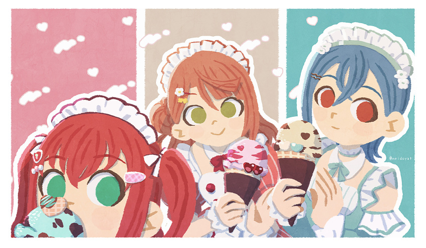 3girls ai_scream!_(love_live!) aiscream_(love_live!) blue_hair blunt_bangs bobby_pin bun_with_braided_base commentary_request crossed_bangs food furihata_ai green_eyes hair_between_eyes hair_bun hair_ornament hairclip hairpin half_updo heart heart-shaped_food highres holding holding_food holding_ice_cream holding_ice_cream_cone ice_cream ice_cream_cone kurosawa_ruby long_hair love_live! love_live!_nijigasaki_high_school_idol_club love_live!_sunshine!! love_live!_superstar!! maid maid_headdress meidosan multiple_girls official_alternate_costume ookuma_wakana oonishi_aguri orange_hair photo-referenced red_eyes red_hair single_side_bun swept_bangs two_side_up uehara_ayumu voice_actor_connection wakana_shiki yellow_eyes