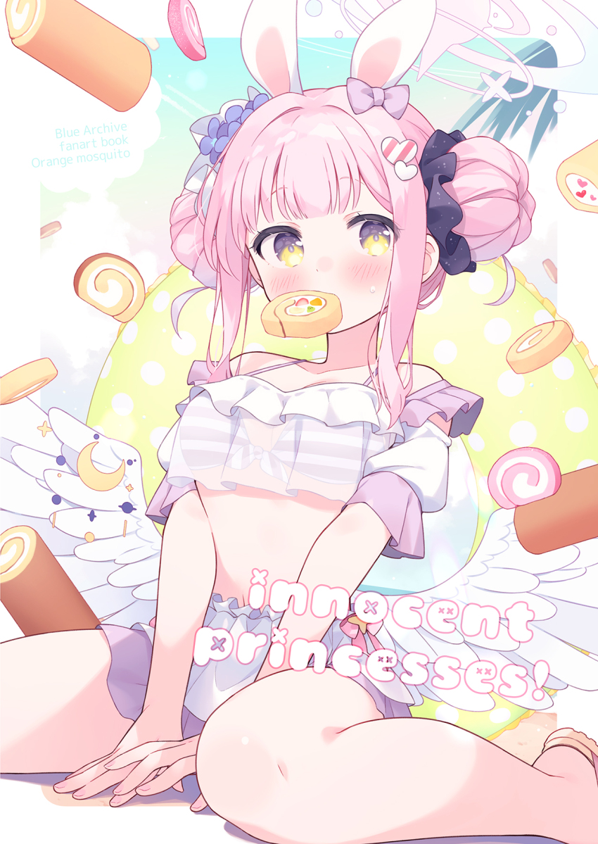 1girl angel_wings animal_ears apron bikini bird blue_archive blue_sky blush bow breasts cake cloud cloudy_sky collarbone commentary_request crescent crop_top double_bun feathered_wings fingernails flower food front-tie_bikini_top front-tie_top hair_bow hair_bun hair_flower hair_ornament hair_ribbon hair_scrunchie halo heart heart_hair_ornament highres kano_hito looking_at_viewer low_wings mika_(blue_archive) mouth_hold navel palm_tree pink_bow pink_hair pink_halo pink_ribbon print_scrunchie purple_bikini purple_flower purple_scrunchie purple_skirt rabbit_ears ribbon sandals scrunchie seagull see-through_clothes see-through_shirt shirt short_sleeves sitting skirt sky solo spoken_squiggle squiggle starry_sky_print striped_bikini striped_clothes sweatdrop swimsuit swiss_roll thighs tree wariza white_apron white_ribbon white_shirt white_wings wings yellow_eyes