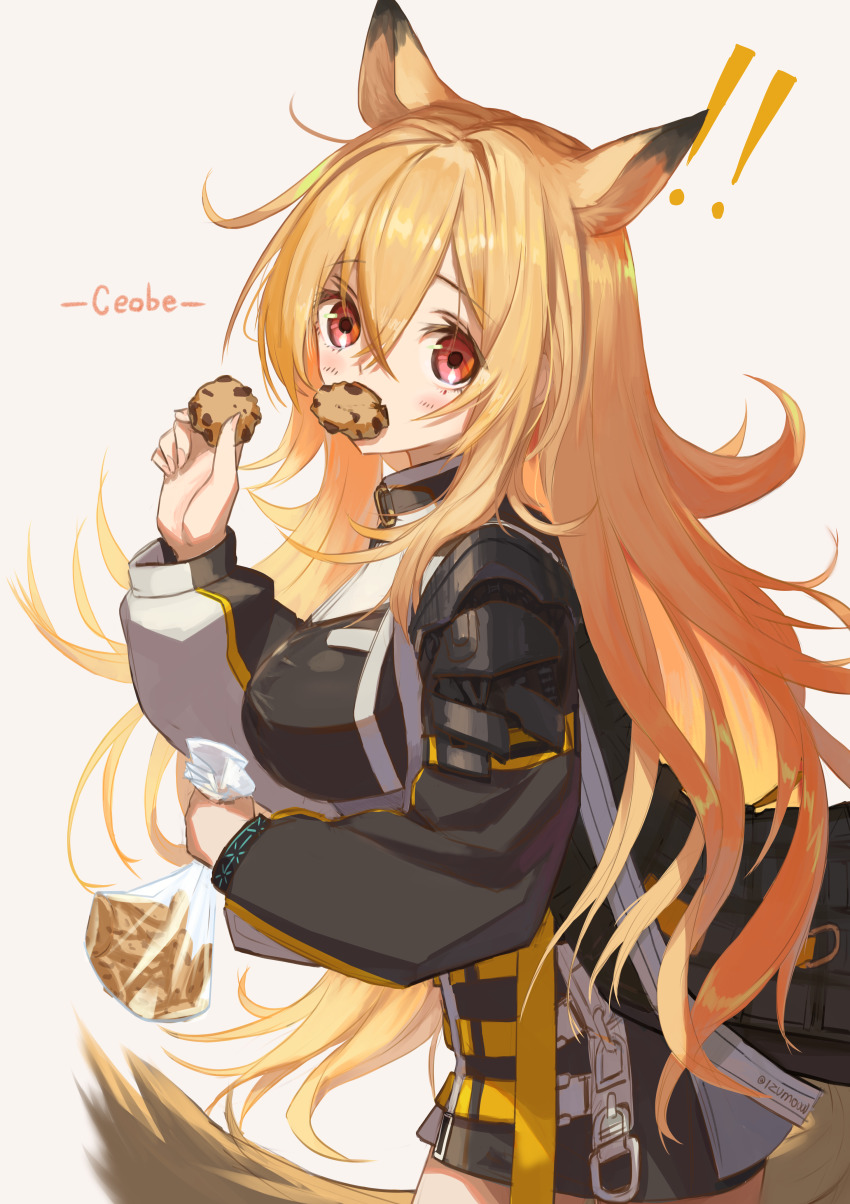 ! !! 1girl absurdres animal_ears arknights bag black_bag black_jacket blush breasts brown_hair ceobe_(arknights) character_name chocolate_chip_cookie cookie cowboy_shot dog_ears dog_girl dog_tail food food_in_mouth from_side hair_between_eyes highres holding holding_cookie holding_food infection_monitor_(arknights) izumo_(ton_63) jacket large_breasts long_hair long_sleeves looking_at_viewer mouth_hold red_eyes simple_background solo tail white_background