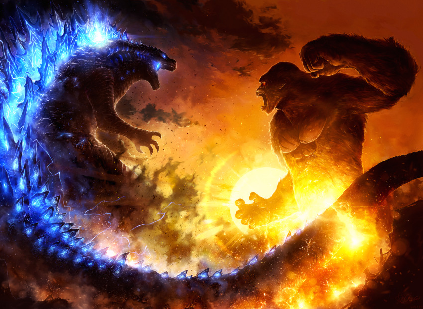animal atomic_breath bad_id bad_pixiv_id claws commentary_request crossover dinosaur electricity energy giant gills glowing glowing_eyes glowing_gills glowing_mouth glowing_spikes godzilla godzilla_(monsterverse) godzilla_(series) godzilla_vs._kong gorilla highres hoshichizu kaiju king_kong king_kong_(series) kong_(monsterverse) legendary_pictures monster monsterverse muscular no_humans open_mouth oversized_animal plasma scales sharp_teeth standing tail teeth toho