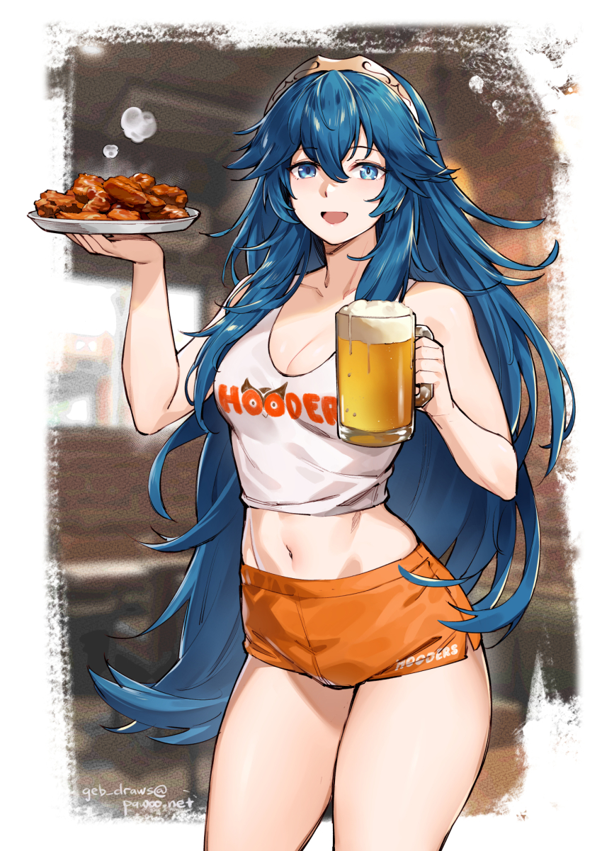 alcohol beer beer_mug blue_eyes blue_hair brand_of_the_exalt breasts chicken_wing cleavage cup employee_uniform fire_emblem fire_emblem_awakening ge-b highres hooters lucina_(fire_emblem) medium_breasts mug nintendo no_legwear orange_shorts short_shorts shorts smile stomach tank_top tiara waitress