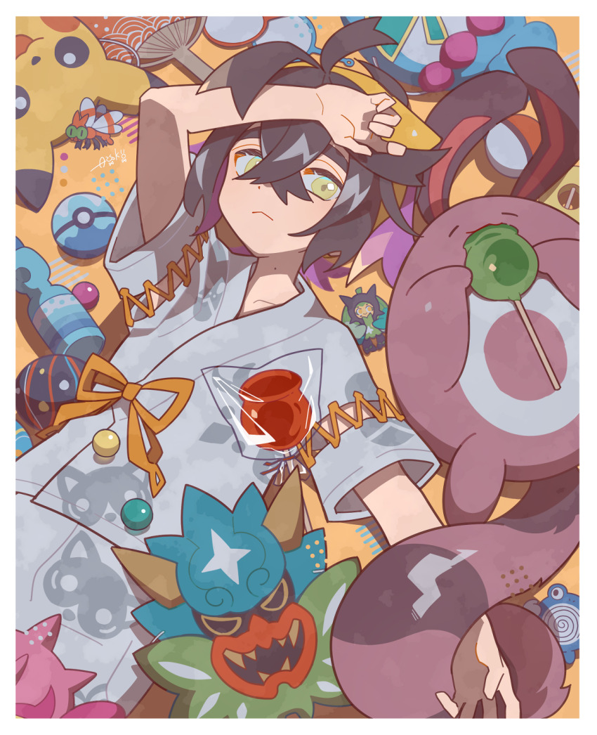 1boy ahoge alternate_color arm_on_own_head auko black_hair blue_kimono border candy_apple colored_inner_hair comiket_104 commentary_request crossed_bangs dive_ball food frown gen_1_pokemon gen_2_pokemon hand_fan highres holding holding_food japanese_clothes kieran_(pokemon) kimono looking_at_viewer lying male_focus multicolored_hair nintendo ogerpon on_back paper_fan pikachu poke_ball pokemon pokemon_sv poliwhirl sentret shiny_pokemon short_hair short_sleeves uchiwa upper_body yanma yellow_background yellow_eyes yukata