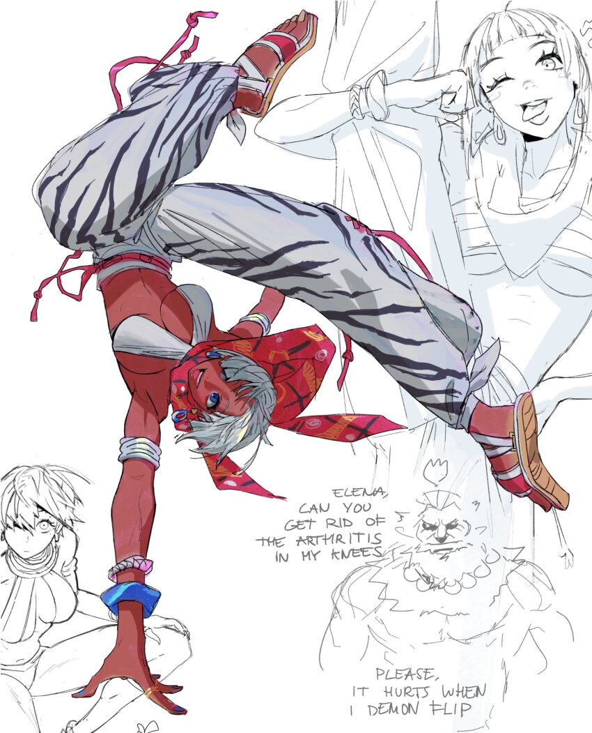 1girl akuma_(street_fighter) animal_print armlet baggy_pants blue_eyes bracelet breasts dark-skinned_female dark_skin earrings edpan elena_(street_fighter) highres jewelry multiple_views pants sandals short_hair street_fighter street_fighter_6 upside-down very_dark_skin white_hair zebra_print