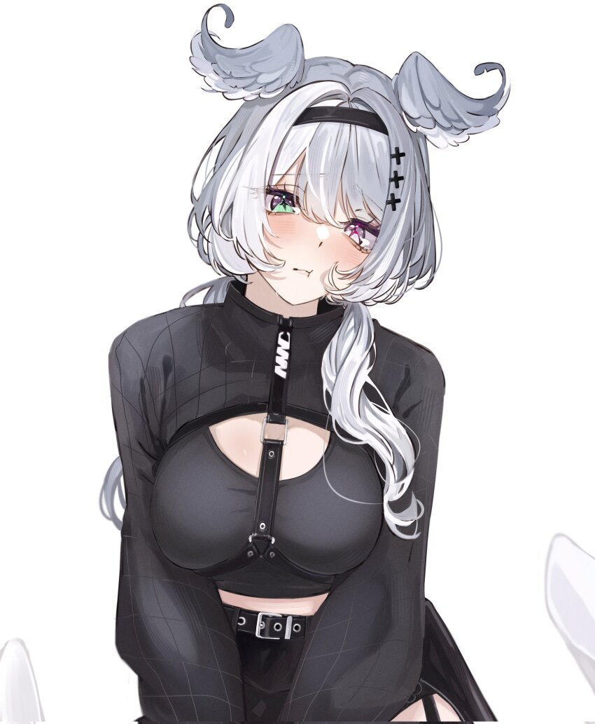 1girl :t aqua_eyes blush chest_harness commentary cross-shaped_pupils elira_pendora elira_pendora_(goth) english_commentary grey_hair hair_between_eyes harness head_wings heterochromia highres ive_(iveith) long_hair looking_at_viewer low_wings midriff nijisanji nijisanji_en official_alternate_costume purple_eyes shy solo symbol-shaped_pupils virtual_youtuber wings
