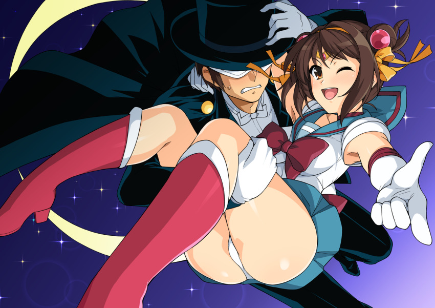 1boy 1girl ;d adapted_uniform armpits bishoujo_senshi_sailor_moon blue_sailor_collar blue_skirt brown_eyes brown_hair cape carrying choker circlet commentary_request cosplay couple crescent_moon double_bun elbow_gloves gloves hair_bun hair_ribbon hairband haruhisky hat kita_high_school_uniform kyon looking_at_viewer mask miniskirt moon one_eye_closed open_mouth panties pantyshot princess_carry red_footwear ribbon sailor_collar sailor_moon sailor_moon_(cosplay) sailor_senshi_uniform school_uniform serafuku shiny_skin skirt smile star_(symbol) suzumiya_haruhi suzumiya_haruhi_no_yuuutsu thick_thighs thighs top_hat tuxedo tuxedo_kamen tuxedo_kamen_(cosplay) underwear