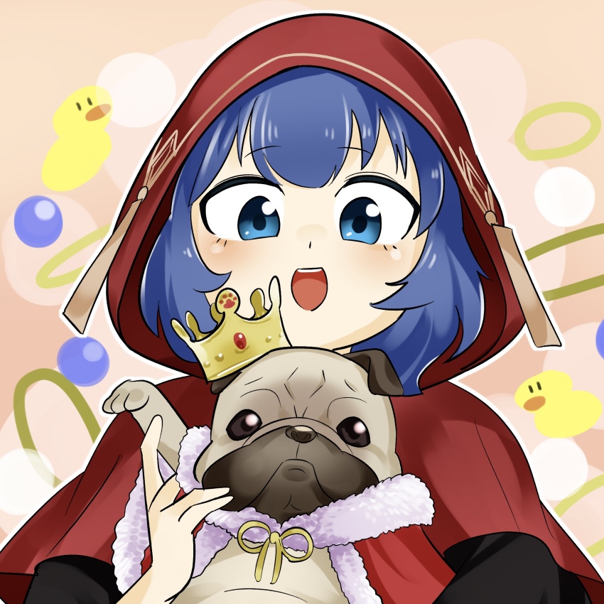 1girl animal blue_eyes blue_hair cape crown dog duel_monster highres holding holding_animal lo_the_prayers_of_the_voiceless_voice principug pug red_robe robe sawan_cutman smile solo yu-gi-oh!