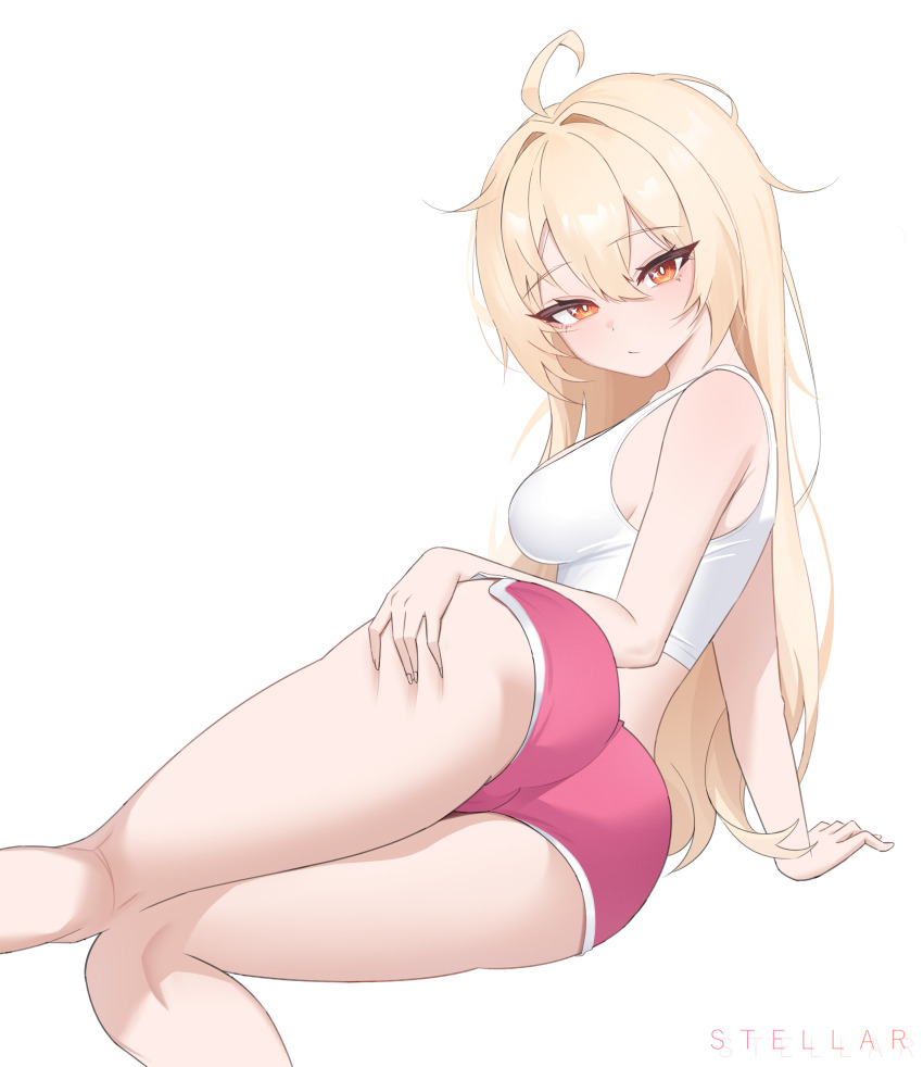 1girl absurdres ahoge artist_name ass blonde_hair blush breasts deep_skin dolphin_shorts from_side hair_down hair_intakes hand_on_own_thigh highres legs long_hair looking_at_viewer luciana_de_montefio medium_breasts messy_hair midriff orange_eyes pink_shorts pout reclining shorts sideboob simple_background solo stellar_(ssstellar) tank_top thighs white_background white_tank_top zenless_zone_zero