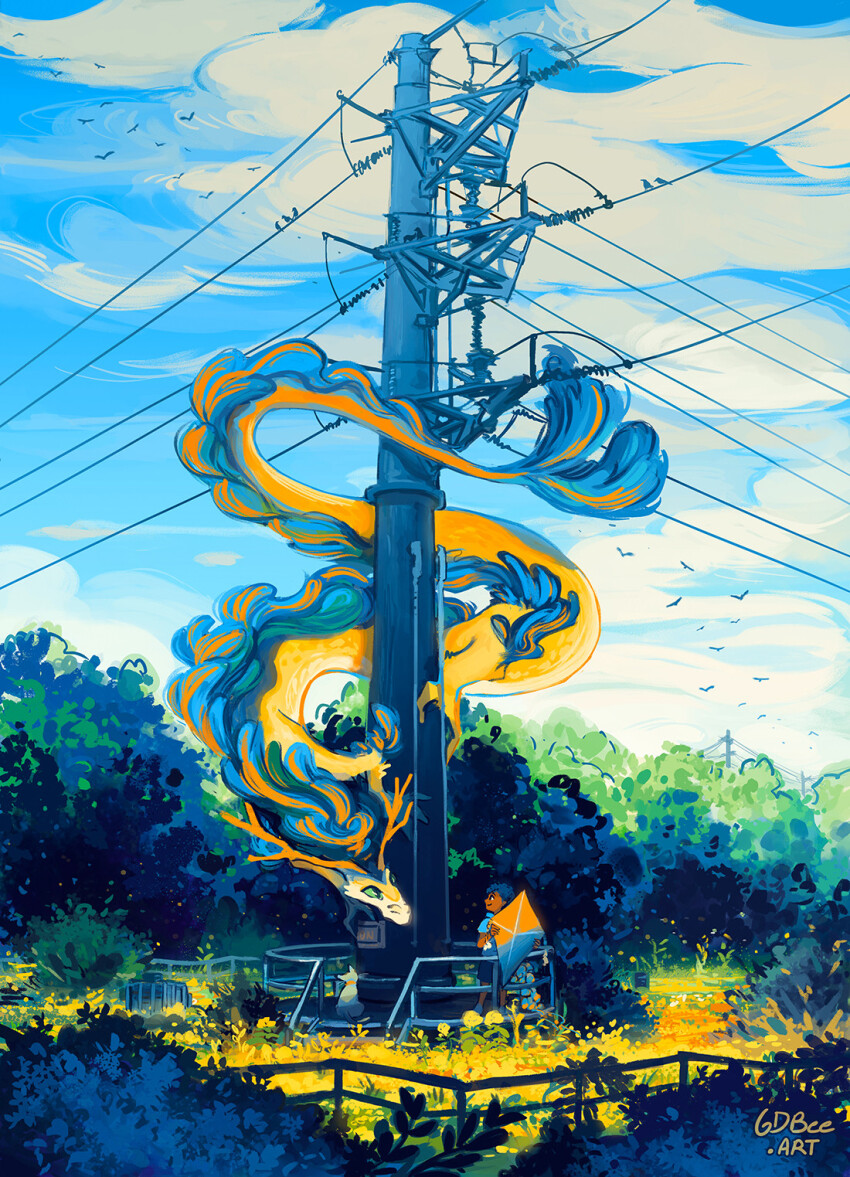 1boy animal antlers bird blue_shirt blue_sky bush cat child cloud commentary dark-skinned_male dark_skin day dragon eastern_dragon fence flock flower flying geneva_bowers grass green_eyes highres holding holding_kite horns kite looking_at_another male_focus mane original outdoors power_lines railing shirt shorts sky standing tree utility_pole watermark web_address