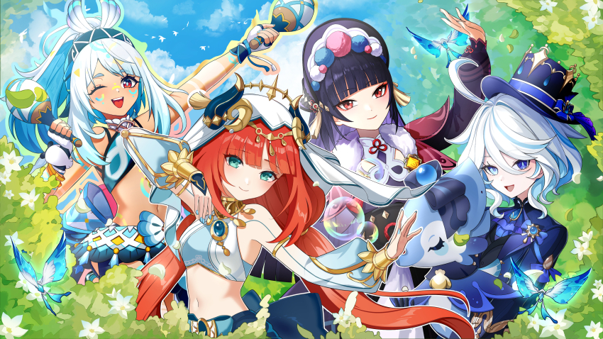 4girls absurdres ahoge aqua_eyes arm_up ascot bare_shoulders black_hair blue_ascot blue_gemstone blue_hair blue_hairband blue_hat blue_jacket blue_nails blue_sky body_markings breasts chinese_clothes circlet closed_mouth commentary crop_top crystalfly_(genshin_impact) dancer detached_sleeves drop-shaped_pupils eyeshadow fake_horns fingerless_gloves fish-shaped_pupils flower fur_collar furina_(genshin_impact) gem genshin_impact geo_symbol_(genshin_impact) gloves hairband harem_outfit hat hawaiian_clothes highres hime_cut holding holding_instrument holding_maracas horns instrument jacket jewelry long_hair long_sleeves looking_at_viewer makeup maracas midriff mualani_(genshin_impact) multicolored_hair multiple_girls nail_polish navel neck_ring nilou_(genshin_impact) one_eye_closed open_mouth outdoors pixiv_11173922 plant puffy_sleeves red_eyes red_eyeshadow red_hair short_hair sky smile streaked_hair surintendante_chevalmarin symbol-shaped_pupils tan top_hat twintails upper_body veil very_long_hair vision_(genshin_impact) white_hair white_veil yun_jin_(genshin_impact)