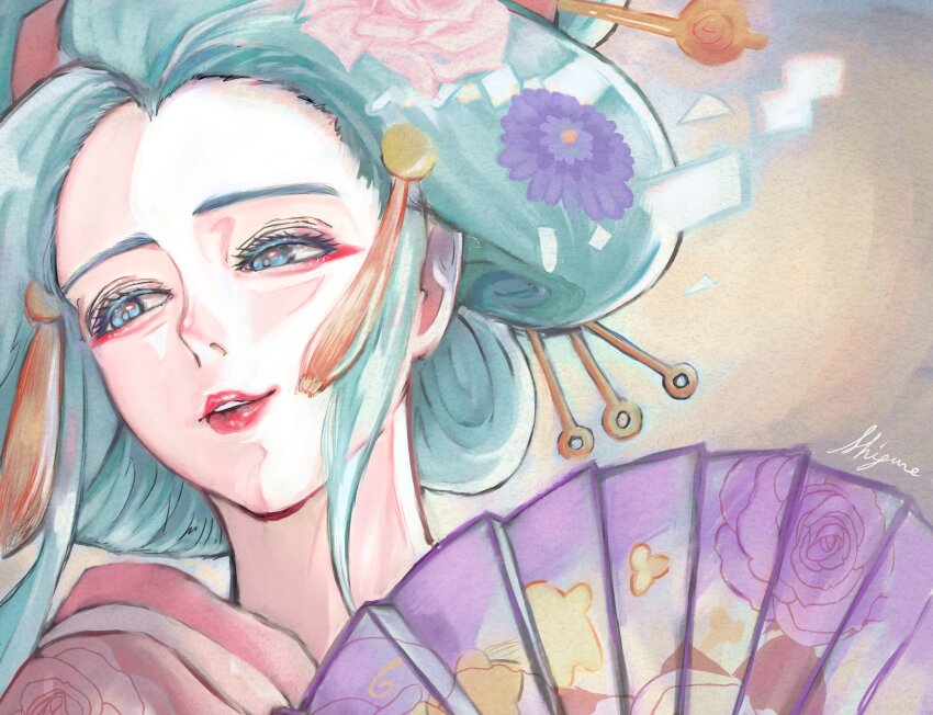 1girl aqua_hair blue_eyes close-up commentary_request eyeshadow hand_fan highres holding holding_fan japanese_clothes kimono kouzuki_hiyori looking_to_the_side makeup nihongami oiran one_piece parted_lips red_eyeshadow red_lips sayo_akito signature smile solo