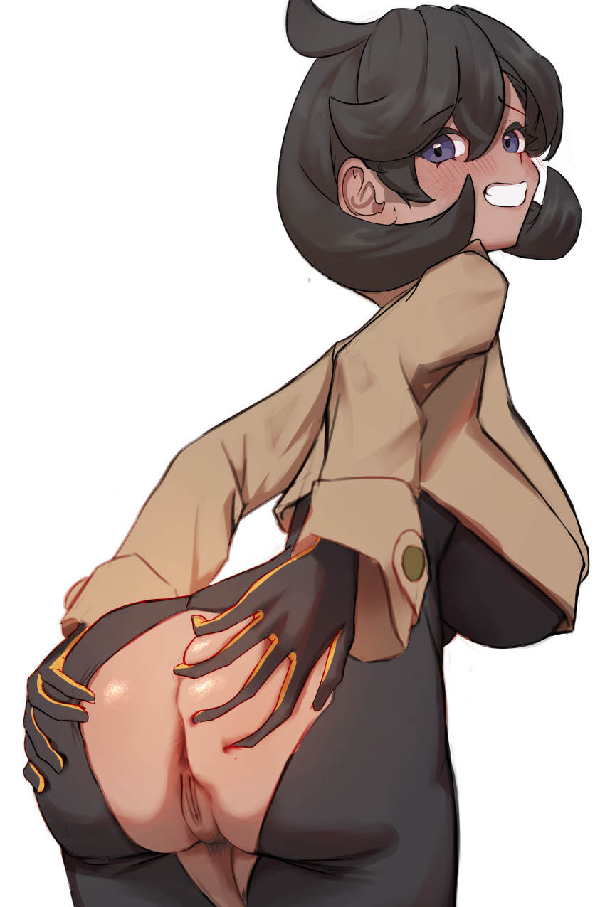 1girl absurdres anus ass black_bodysuit black_hair bodysuit breasts brown_jacket dark-skinned_female dark_skin emma_(pokemon) female_pubic_hair from_behind grabbing_own_ass grin highres jacket kaba_(hama) large_breasts long_sleeves looking_back nintendo pokemon pokemon_legends:_z-a pubic_hair purple_eyes pussy short_hair simple_background smile solo torn_bodysuit torn_clothes uncensored white_background