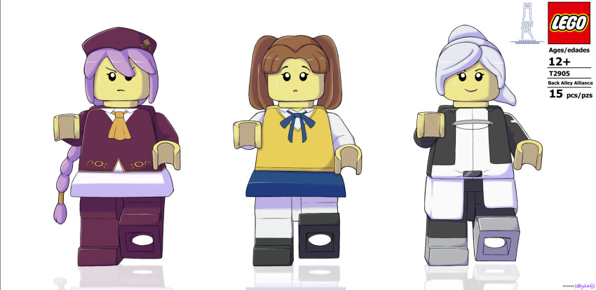 3girls blue_bow blue_skirt bow brown_hair d0gduk hat highres houkago_rojiura_doumei! lego lego_minifig long_braid long_hair medium_hair multiple_girls ponytail purple_hair purple_hat purple_shirt purple_skirt reflective_floor riesbyfe_stridberg school_uniform serious shirt sion_eltnam_(type-moon) sion_eltnam_atlasia skirt smile tsukihime twintails very_long_hair watermark white_hair yumizuka_satsuki
