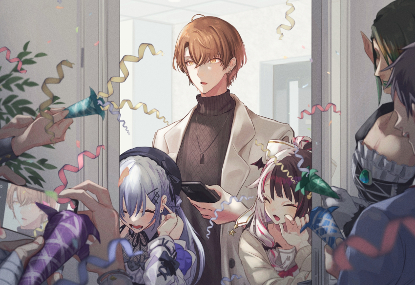 2girls 3boys absurdres amireba bare_shoulders blue_hair brown_eyes brown_hair cellphone character_request closed_eyes confetti door fuwa_minato fuwa_minato_(1st_costume) hakase_fuyuki hakase_fuyuki_(6th_costume) hanabatake_chaika hanabatake_chaika_(1st_costume) hat highres holding holding_phone jewelry kagami_hayato kagami_hayato_(7th_costume) long_sleeves multicolored_hair multiple_boys multiple_girls necklace nijisanji party_popper phone plant smartphone smc-gumi_(nijisanji) streaked_hair two-tone_hair virtual_youtuber white_hair yashiro_kizuku yashiro_kizuku_(1st_costume) yorumi_rena yorumi_rena_(9th_costume)