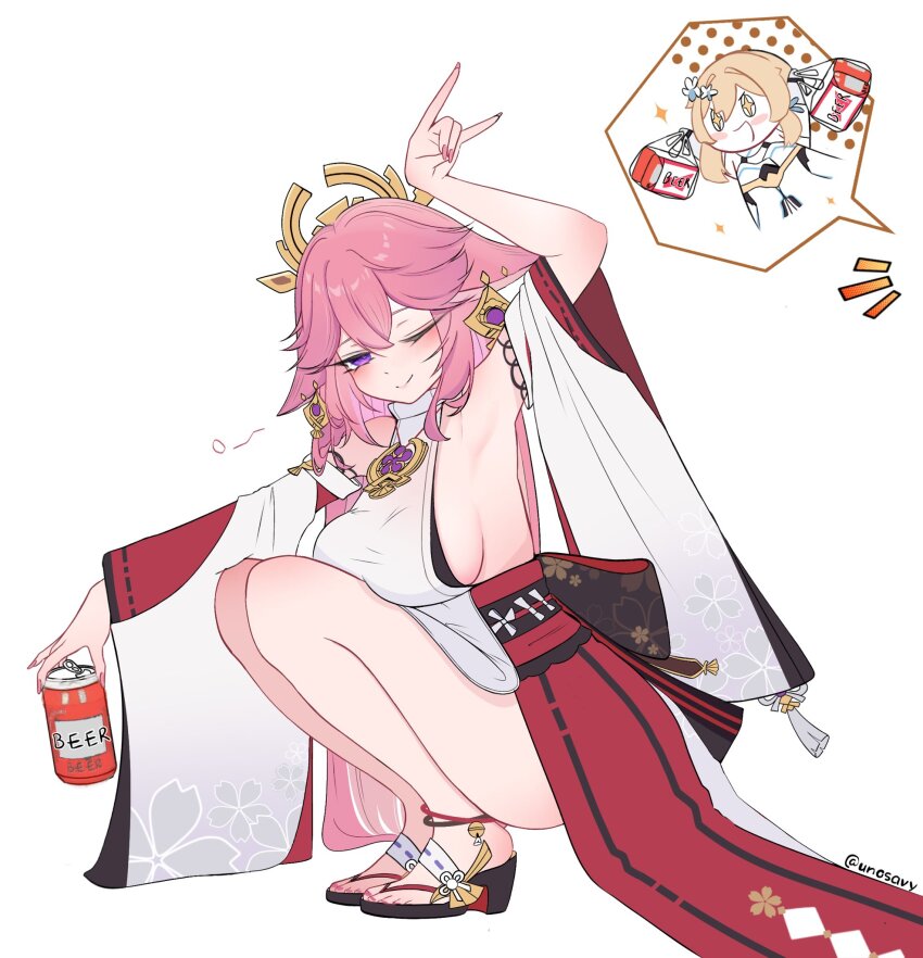 2girls animal_ears arm_up armpits blonde_hair breasts can detached_sleeves earrings floppy_ears fox_ears fox_shadow_puppet genshin_impact high_heels highres holding holding_can jewelry large_breasts long_hair lumine_(genshin_impact) multiple_girls nontraditional_miko one_eye_closed pink_hair purple_eyes sideboob simple_background spoken_character squatting unosaki2 white_background wide_sleeves yae_miko