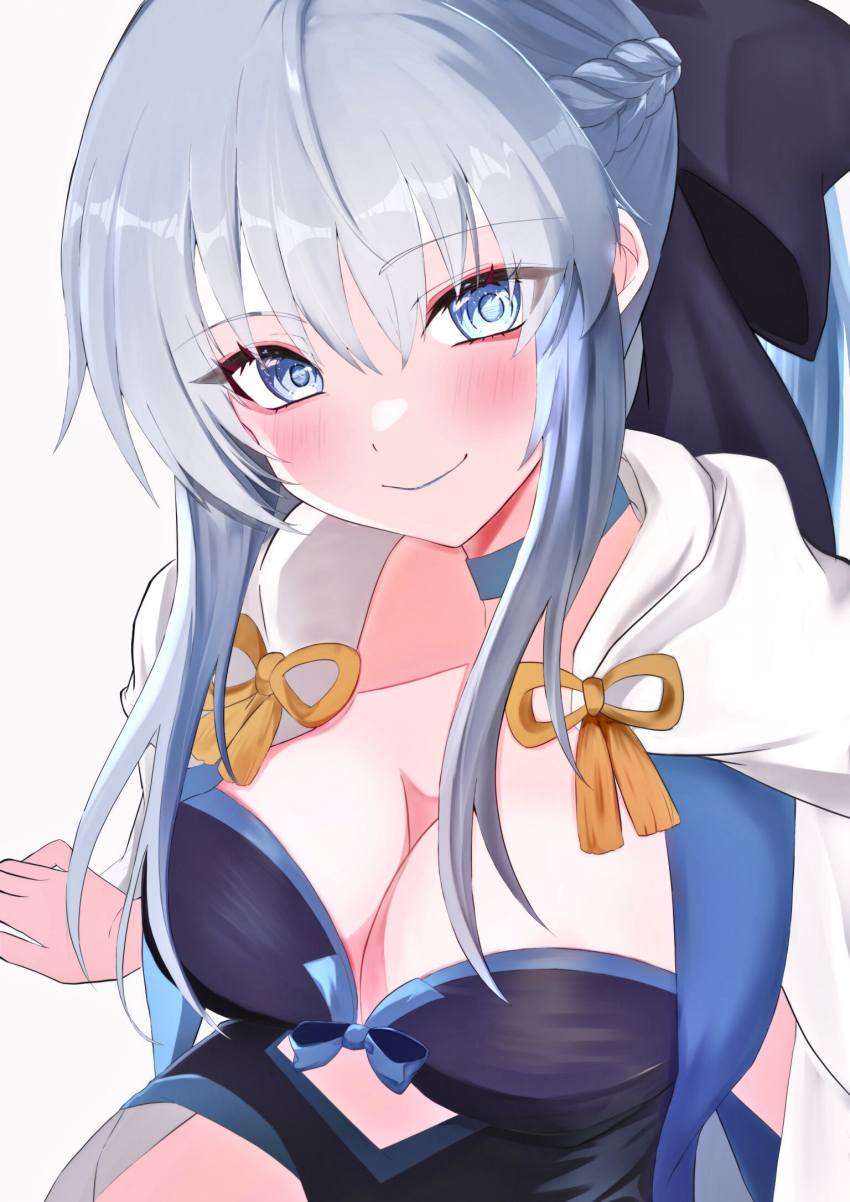 1girl arm_support black_bow black_dress blue_eyes blush bow braid breasts clothing_cutout collarbone dress edda_(kaimu0930) fate/grand_order fate_(series) grey_hair hair_between_eyes hair_bow half_up_braid highres large_breasts long_hair long_sleeves looking_at_viewer morgan_le_fay_(fate) morgan_le_fay_(first_ascension)_(fate) ponytail simple_background sitting smile solo stomach_cutout thighs two-tone_dress upper_body very_long_hair white_background