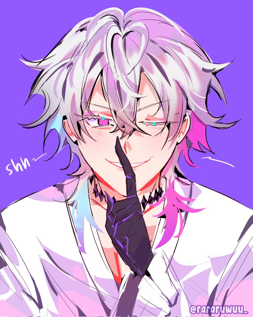 1boy bishounen black_gloves blue_hair colored_eyelashes commentary english_commentary eyeshadow finger_to_mouth gavis_bettel gavis_bettel_(1st_costume) gloves grey_hair hair_between_eyes heterochromia highres holostars holostars_english index_finger_raised long_sleeves looking_at_viewer makeup male_focus medium_hair multicolored_hair one_eye_closed pectoral_cleavage pectorals pink_eyes pink_eyeshadow pink_hair purple_background rararuwuu shirt shushing simple_background smile solo twitter_username upper_body virtual_youtuber