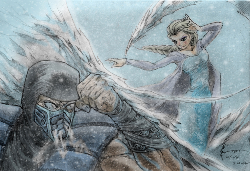 1boy 1girl 2014 arm_guards battle black_mask blonde_hair blue_background blue_dress blue_eyes blue_mask blush braid braided_ponytail breath cape clenched_hand crossover cryokinesis dated dominic_ian_cabatit dress elsa_(frozen) eyeshadow frozen_(disney) hair_pulled_back hand_up hands_up highres ice long_hair long_sleeves makeup mask mortal_kombat_(series) mouth_mask muscular muscular_male ninja ninja_mask nose_blush purple_eyeshadow raised_fist single_braid smile snow snowflakes sub-zero timestamp trait_connection v-shaped_eyebrows