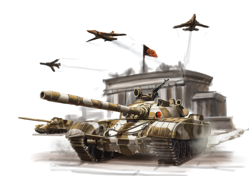 absurdres acrylic_paint_(medium) aircraft airplane artist_request box_art brandenburg_gate caterpillar_tracks east_german_flag east_germany emblem fighter_jet gun highres machine_gun mig-23 military military_vehicle motor_vehicle nationale_volksarmee no_humans original painting_(medium) t-72 tank traditional_media vehicle_focus weapon