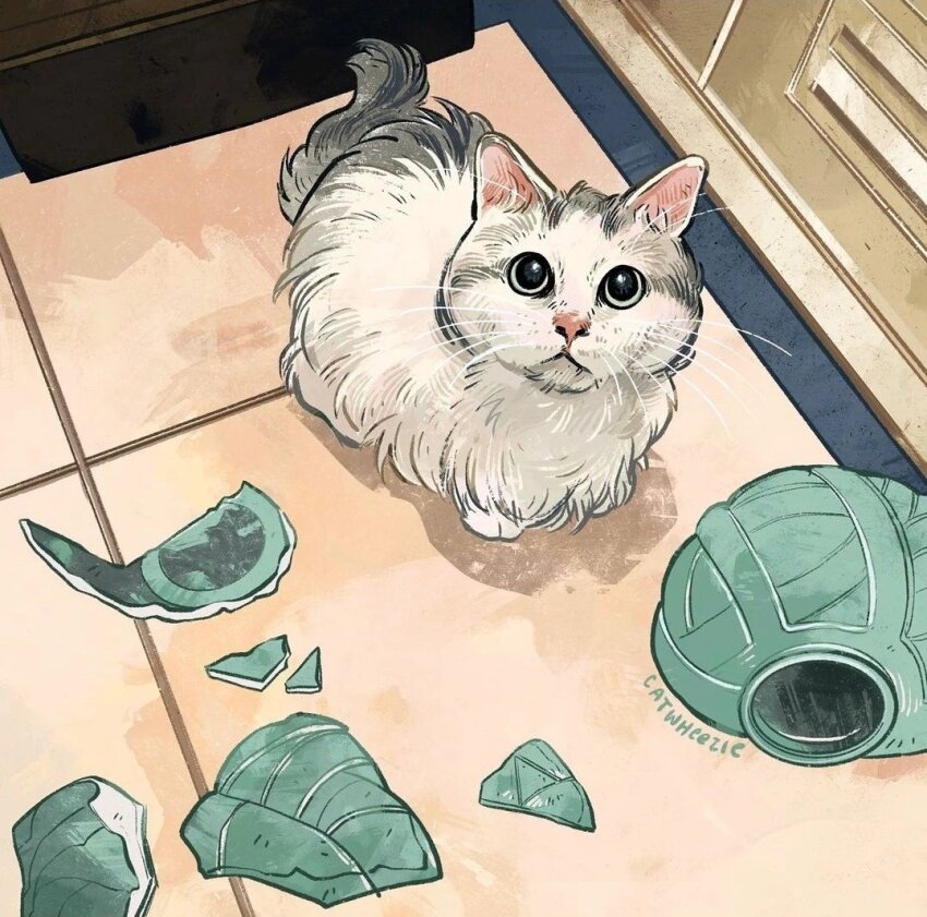 animal animal_focus broken_vase cat catwheezie commentary english_commentary floor indoors looking_at_viewer looking_up no_humans on_floor original photo-referenced signature solo tail tile_floor tiles whiskers