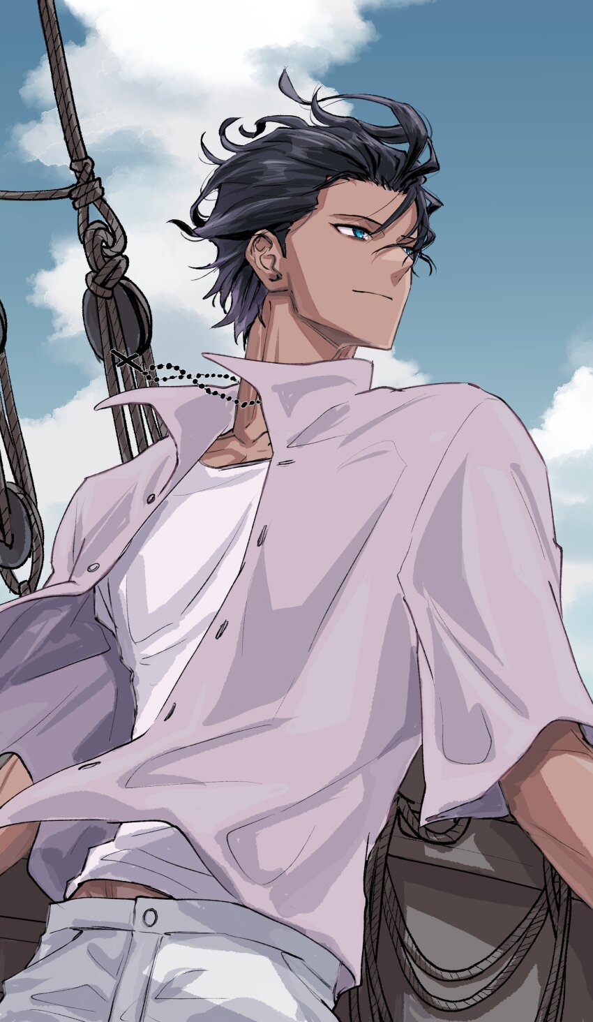 1boy absurdres bartholomew_roberts_(fate) bartholomew_roberts_(smiley_summer_wear)_(fate) black_hair blue_eyes cross_pendant dark-skinned_male dark_skin fate/grand_order fate_(series) ha1ft0ne1ady highres jacket male_focus pink_jacket rope shirt white_shirt wind