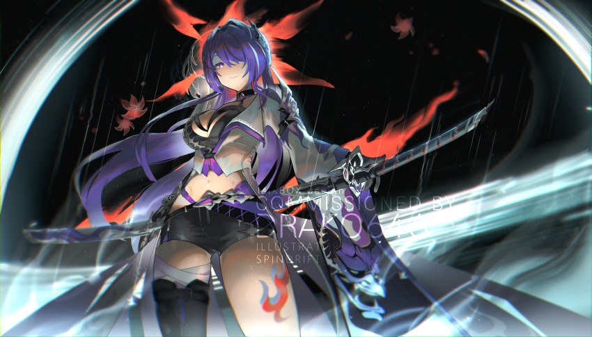 1girl absurdres acheron_(honkai:_star_rail) bandaged_leg bandages belt black_belt black_choker black_gloves black_hole black_shirt black_shorts boots breasts choker coat coattails commentary commission cowboy_shot crop_top flower gloves hair_ornament hair_over_one_eye highres honkai:_star_rail honkai_(series) inaku large_breasts leg_tattoo light_smile long_hair midriff multicolored_hair navel ootachi parted_lips purple_eyes purple_hair red_flower scabbard sheath sheathed shirt short_shorts shorts single_thigh_boot solo streaked_hair tattoo thigh_boots thighs very_long_hair white_coat