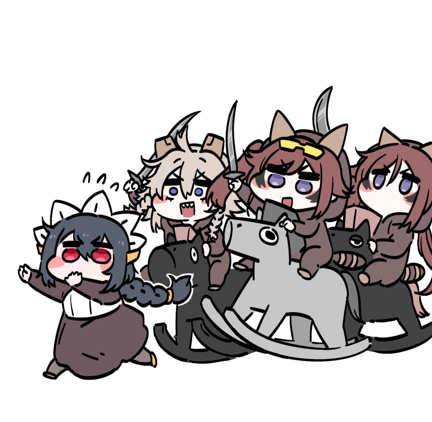 4girls adapted_costume ahoge animal_hood black_hair black_wyrm_(last_origin) blue_eyes blush_stickers braid braided_ponytail brown_hair chibi dress facial_mark fleeing flying_sweatdrops grey_eyes hair_between_eyes highres holding holding_sword holding_weapon hood hyena_(last_origin) khan_the_swift kheshig_(last_origin) last_origin long_hair maid_headdress mogijabgo multiple_girls pantyhose raccoon_hood raccoon_tail red_eyes riding scimitar sharp_teeth side_ponytail simple_background sword tail teeth very_long_hair weapon