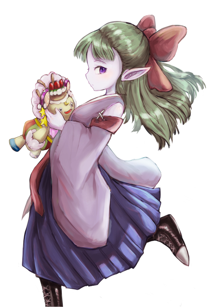 1girl absurdres blunt_bangs bow colored_skin commentary dragon_quest dragon_quest_x el_(user_dndc7285) floating_clothes floating_hair fuura_(dq10) green_hair hair_bow highres holding holding_stuffed_toy japanese_clothes kimono leg_up long_hair pink_skin pointy_ears profile purple_eyes red_bow solo stuffed_toy white_background wide_sleeves
