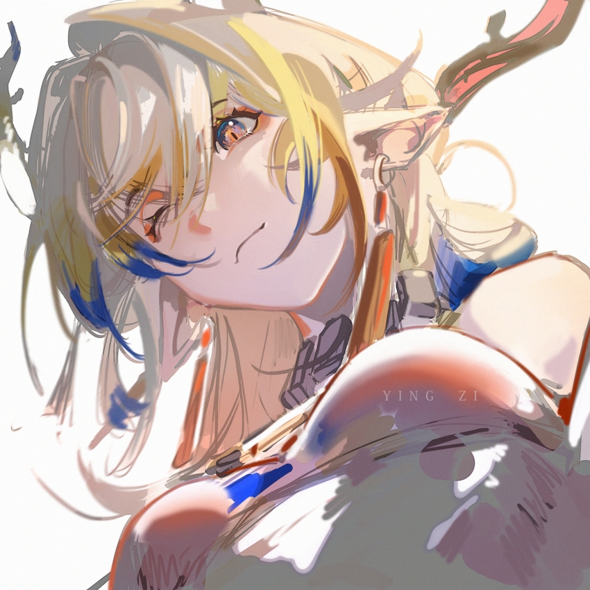 1girl arknights bare_shoulders blue_hair breasts chinese_commentary choker closed_mouth colored_tips commentary_request dragon_girl dragon_horns earrings from_below green_hair grey_hair hair_between_eyes hair_ornament hair_stick highres horns jewelry light_blush long_hair multicolored_hair one_eye_closed orange_eyes pointy_ears portrait shu_(arknights) simple_background small_breasts solo stick tassel tassel_earrings white_background yingzi