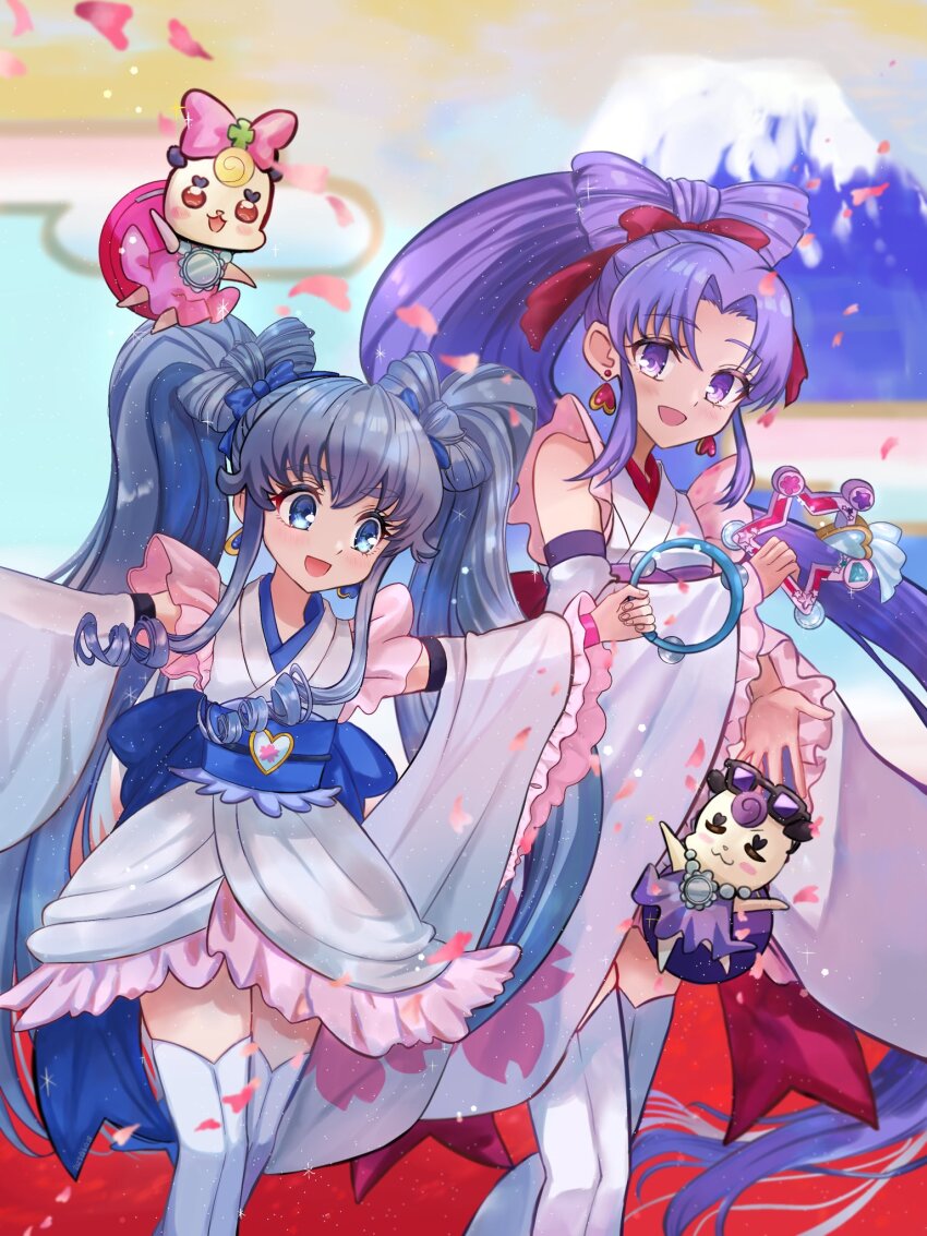 2girls blue_eyes blue_hair cure_fortune cure_fortune_(anmitsu_komachi) cure_princess detached_sleeves frilled_skirt frilled_sleeves frills happinesscharge_precure! highres japanese_clothes long_hair magical_girl mascot multiple_girls obi open_mouth precure purple_eyes purple_hair red_ribbon ribbon sash skirt smile thighhighs twintails white_thighhighs ym12124