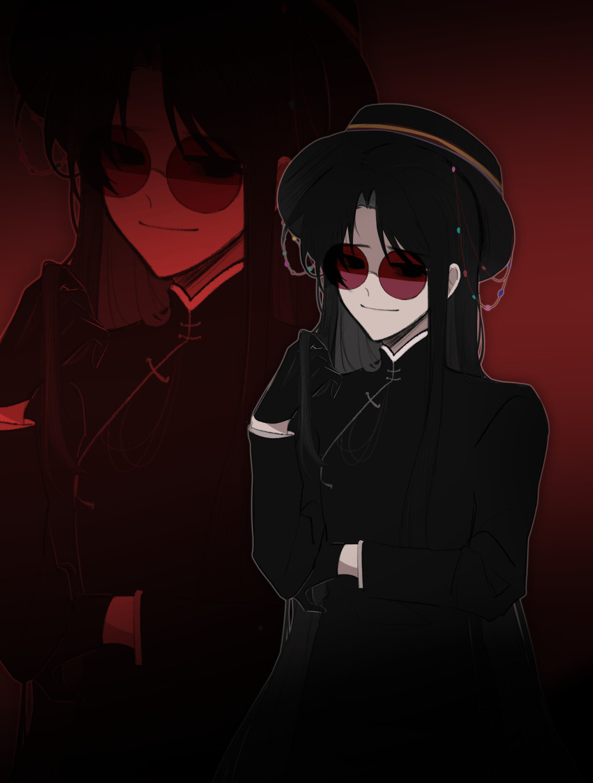 1boy absurdres beads black_eyes black_gloves black_hair black_hat changpao chifanbot0727 chinese_clothes chinese_commentary closed_mouth commentary_request curtained_hair gloves hat highres holding holding_own_hair huai_yunqing male_focus parted_bangs red-tinted_eyewear red_background round_eyewear shaded_face sidelocks smile solo tinted_eyewear touqi_guaitan upper_body zoom_layer