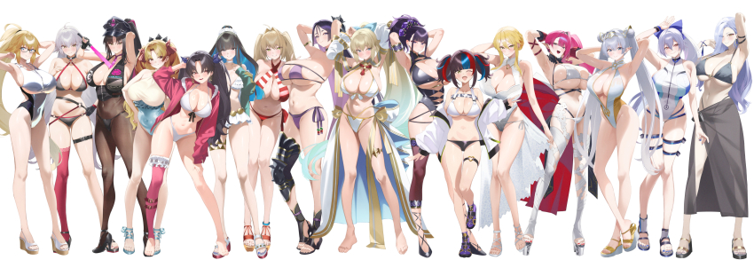 6+girls :d absurdres ahoge alternate_breast_size_(larger) alternate_costume anklet arm_guards arm_up armlet armor armpits arms_up artoria_pendragon_(fate) artoria_pendragon_(swimsuit_ruler)_(fate) artoria_pendragon_(swimsuit_ruler)_(second_ascension)_(fate) baobhan_sith_(fate) baobhan_sith_(swimsuit_pretender)_(third_ascension)_(fate) bare_arms bare_legs bare_shoulders barefoot bead_bracelet beads belly_chain bikini black_bikini black_gloves black_hair black_hat black_one-piece_swimsuit black_shorts blonde_hair blue_eyes blue_hair blue_lips blue_nails blue_one-piece_swimsuit blunt_bangs blush bracelet breasts britomart_(fate) britomart_(final_ascension)_(fate) brown_pantyhose choker cleavage closed_mouth collarbone colored_inner_hair commentary covered_navel criss-cross_halter detached_sleeves diagonal_bangs double_bun earrings ereshkigal_(fate) ereshkigal_(swimsuit_beast)_(fate) eyeliner eyepatch_bikini fate/grand_order fate_(series) feet full_body fur-trimmed_legwear fur_trim glasses gloves gradient_hair greaves green_eyes green_jacket grey_eyes grey_hair grin hair_between_eyes hair_bun hair_intakes hair_ornament hair_over_one_eye hair_ribbon halterneck hand_on_own_hip hat high_heels high_ponytail highleg highleg_one-piece_swimsuit highres holding_baton hood hooded_jacket hoop_earrings huge_breasts ishtar_(fate) ishtar_(swimsuit_rider)_(fate) jacket jeanne_d&#039;arc_(fate) jeanne_d&#039;arc_(swimsuit_archer)_(second_ascension)_(fate) jeanne_d&#039;arc_alter_(fate) jeanne_d&#039;arc_alter_(swimsuit_berserker)_(fate) jewelry kurozawa_yui large_breasts legs lineup long_hair long_sleeves looking_at_viewer low-tied_long_hair makeup medium_breasts minamoto_no_raikou_(fate) minamoto_no_raikou_(fate/grand_order) minamoto_no_raikou_(swimsuit_lancer)_(fate) minamoto_no_raikou_(swimsuit_lancer)_(third_ascension)_(fate) morgan_le_fay_(fate) morgan_le_fay_(water_princess)_(fate) mrs._snake_(fate) multicolored_hair multiple_girls murasaki_shikibu_(fate) murasaki_shikibu_(swimsuit_rider)_(first_ascension)_(fate) nail_polish navel necklace necktie nero_claudius_(fate) nero_claudius_(swimsuit_caster)_(fate) o-ring o-ring_bikini off_shoulder one-piece_swimsuit one_eye_closed open_clothes open_jacket open_mouth pantyhose parted_bangs pink_hair pink_jacket pink_thighhighs pointy_ears ponytail presenting_armpit purple_bikini purple_eyes purple_hair purple_necktie red_bikini red_eyes red_hair red_nails red_ribbon red_thighhighs ribbon ruffle_bikini sandals sarong sei_shounagon_(fate) sei_shounagon_(swimsuit_berserker)_(first_ascension)_(fate) sessyoin_kiara sessyoin_kiara_(swimsuit_mooncancer)_(second_ascension) shoes short_shorts shorts side_ponytail sideboob sidelocks simple_background single_glove single_greave single_thighhigh smile sneakers standing stomach striped_bikini striped_clothes swimsuit tassel tenochtitlan_(fate) tenochtitlan_(swimsuit_mooncancer)_(fate) tenochtitlan_(swimsuit_mooncancer)_(first_ascension)_(fate) thigh_gap thigh_strap thighhighs thighlet thighs tiara toenail_polish toenails toes tomoe_gozen_(fate) tomoe_gozen_(swimsuit_saber)_(fate) tomoe_gozen_(swimsuit_saber)_(first_ascension)_(fate) twintails two_side_up underboob v very_long_hair white_background white_bikini white_hair white_jacket white_one-piece_swimsuit yellow_eyes