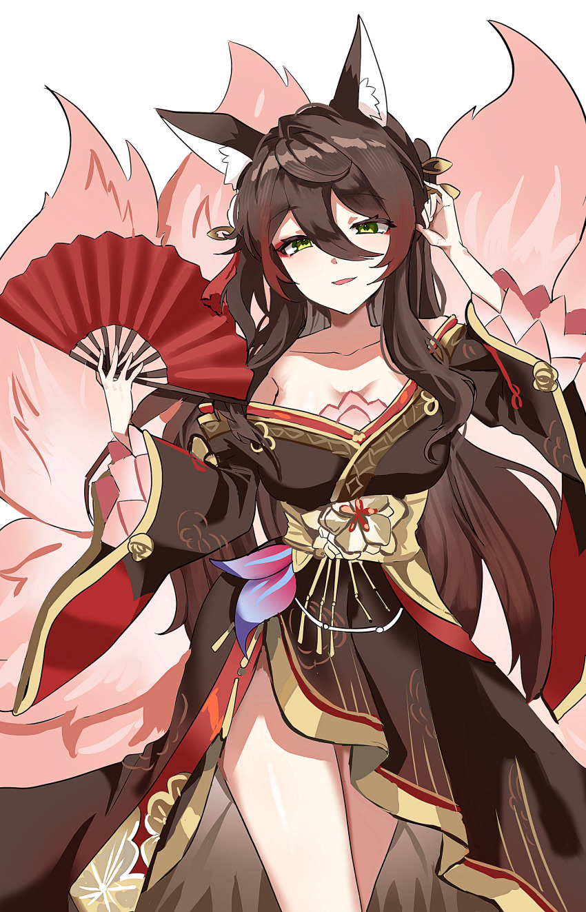 1girl absurdres animal_ear_fluff animal_ears asdff9919 black_robe blush breasts brown_hair brown_kimono cleavage fox_ears fox_girl fox_tail fugue_(honkai:_star_rail) green_eyes hair_between_eyes hair_ornament hand_fan highres holding holding_fan honkai:_star_rail honkai_(series) japanese_clothes kimono kitsune kyuubi long_hair looking_at_viewer multiple_tails off_shoulder pink_tail red_nails robe simple_background smile solo tail tingyun_(honkai:_star_rail) white_background wide_sleeves