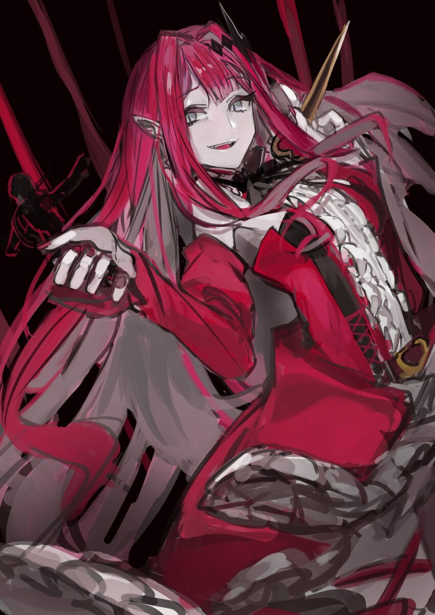 1girl arms_up baobhan_sith_(fate) baobhan_sith_(first_ascension)_(fate) breasts detached_sleeves doll dress fate/grand_order fate_(series) frilled_dress frills grey_eyes hair_ornament highres long_hair looking_at_viewer open_mouth pink_hair pointy_ears red_dress smile solo stake yorurokujuu
