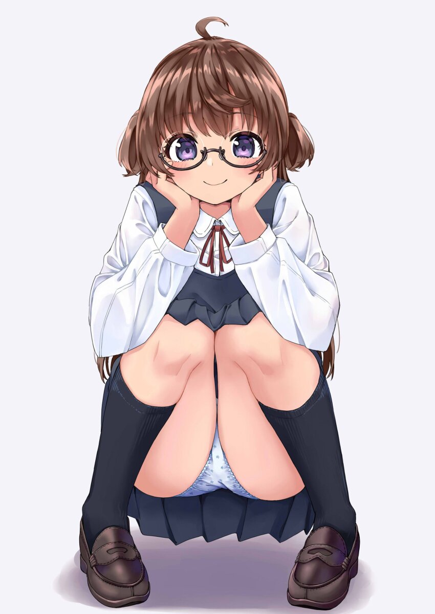 1girl absurdres ahoge amemiya_sekira black-framed_eyewear black_dress black_socks blue_eyes blush brown_hair brown_shoes closed_mouth collared_shirt commentary_request dress dress_shirt full_body glasses highres kneehighs knees_up loafers long_hair long_sleeves looking_at_viewer neck_ribbon original panties pinafore_dress pleated_dress polka_dot polka_dot_panties print_panties red_ribbon ribbon sekira_ame semi-rimless_eyewear shirt shoes sleeveless sleeveless_dress smile socks solo squatting star_panties star_print two_side_up under-rim_eyewear underwear very_long_hair white_panties white_shirt