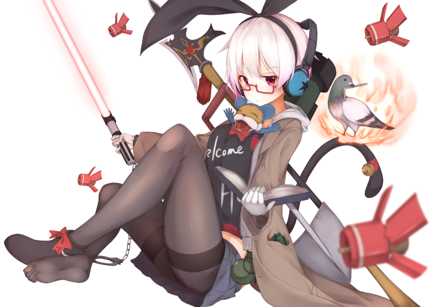 10s 1girl absurdres allen_wrench bird black_pantyhose blush book cat_tail coat cuffs energy_sword explosive female_focus funnels_(gundam) glasses gloves grenade gundam hairband halberd handcuffs highres kantai_collection lightsaber looking_at_viewer original panties panties_under_pantyhose pantyhose pigeon polearm red-framed_eyewear red_eyes rerrere semi-rimless_eyewear short_hair shovel skirt smokestack solo star_wars sword tail thighband_pantyhose touhou under-rim_eyewear underwear weapon white_gloves white_hair worktool