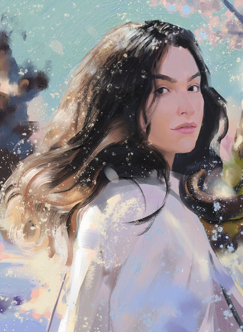 1girl absurdres black_eyes brown_hair commentary english_commentary from_side gift_art grandguerrilla highres looking_at_viewer parted_lips pink_lips real_life realistic shirt smile snow snowing solo white_shirt