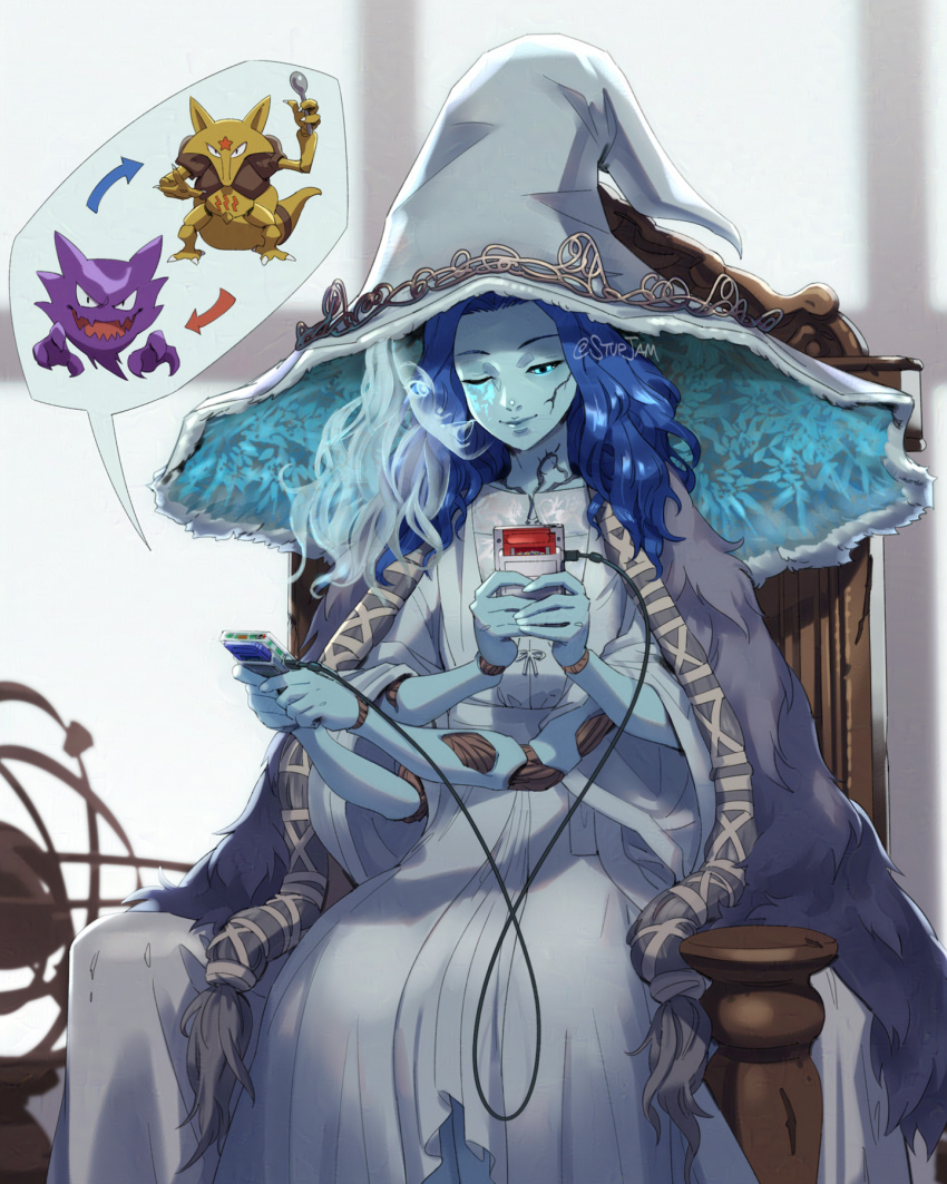 1girl blue_eyes blue_hair blue_skin cloak closed_mouth colored_skin cracked_skin doll_joints dress elden_ring extra_arms extra_faces fur_cloak game_boy gen_1_pokemon handheld_game_console hat haunter highres joints kadabra large_hat long_hair nintendo one_eye_closed pokemon pokemon_(creature) ranni_the_witch solo stup-jam white_dress witch witch_hat