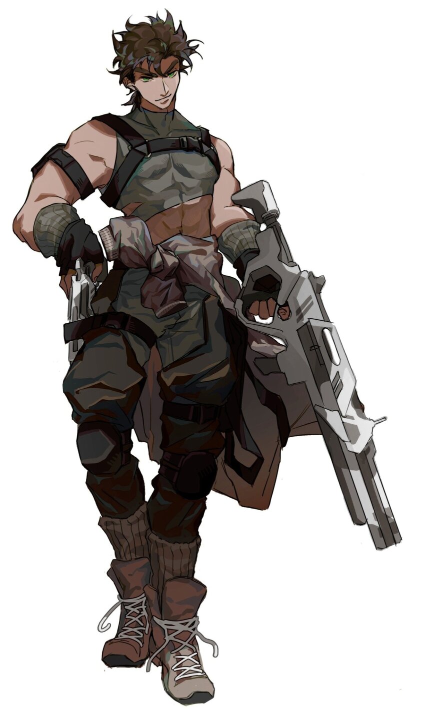 bare_shoulders battle_tendency boots brown_hair clothes_around_waist crop_top fingerless_gloves gloves green_eyes gun handgun highres holster jacket jacket_around_waist jojo_no_kimyou_na_bouken joseph_joestar joseph_joestar_(young) military military_uniform muscular muscular_male rifle shirt sleeveless_turtleneck_crop_top suzuri513 thigh_holster tight_clothes tight_shirt weapon