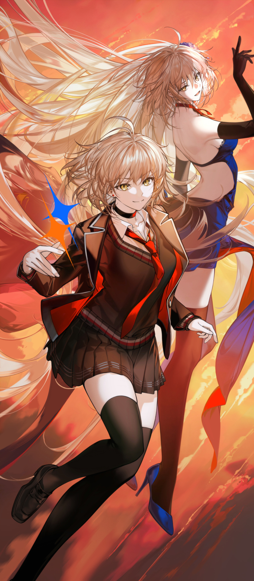 2girls absurdres ahoge arlizi bare_shoulders black_gloves black_jacket black_sweater black_thighhighs blue_dress breasts choker collared_shirt dress dual_persona elbow_gloves fate/grand_order fate_(series) flower gloves grey_hair grey_skirt hair_flower hair_ornament highres jacket jeanne_d&#039;arc_alter_(avenger)_(fate) jeanne_d&#039;arc_alter_(fate) jeanne_d&#039;arc_alter_(holy_night_supper)_(fate) jeanne_d&#039;arc_alter_(violette_vengeur)_(fate) large_breasts long_hair long_sleeves looking_at_viewer multiple_girls necktie open_mouth school_uniform shirt short_hair skirt smile sweater thighhighs very_long_hair white_shirt yellow_eyes