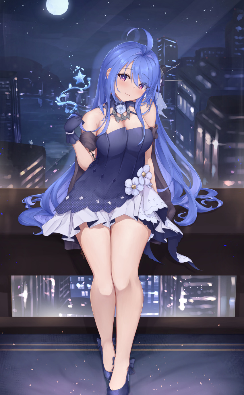 1girl :3 absurdres arm_behind_back azur_lane bare_legs bare_shoulders blue_dress blue_eyes blue_gloves blue_hair blush breasts commentary detached_collar dress english_commentary flower full_body full_moon gloves gradient_eyes hair_between_eyes hair_over_one_eye hand_up helena_(azur_lane) helena_(may_i_have_this_dance?)_(azur_lane) highres kyl490 legs_together long_hair looking_at_viewer medium_breasts moon multicolored_eyes night night_sky purple_eyes sitting sky smile solo thighs very_long_hair white_flower