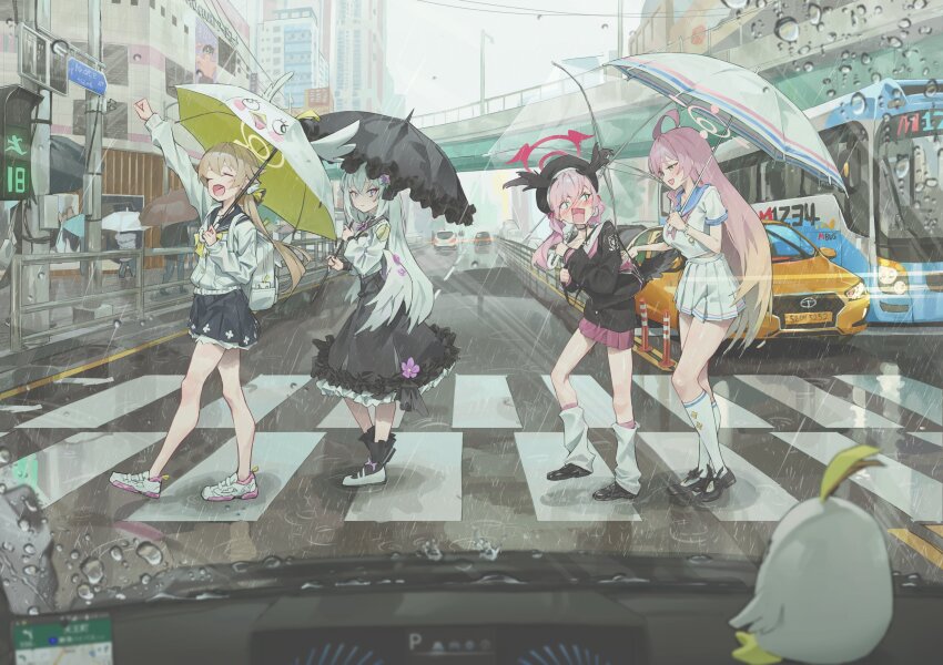 4girls absurdres ahoge azusa_(blue_archive) beret black_wings blue_archive blush bus closed_mouth dress flower frills green_eyes hair_between_eyes hair_flower hair_ornament halo hanako_(blue_archive) hat head_wings hifumi_(blue_archive) highres holding holding_umbrella jhigf koharu_(blue_archive) long_hair long_sleeves low_twintails low_wings motor_vehicle multiple_girls open_mouth peroro_(blue_archive) pink_eyes pink_hair pink_halo rain sailor_collar school_uniform shirt skirt smile taxi twintails umbrella white_hair white_shirt wings yellow_halo