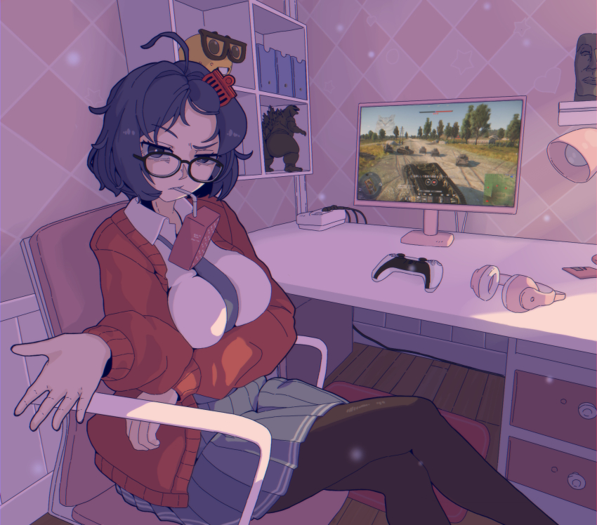1girl action_figure arm_under_breasts b1-517 black-framed_eyewear black_pantyhose blue_eyes blue_hair breasts cardigan claw_hair_clip closed_mouth commentary controller crossed_legs desk desk_lamp drinking_straw drinking_straw_in_mouth game_controller glasses godzilla godzilla_(series) grey_necktie grey_skirt headphones highres juice_box lamp looking_at_viewer medium_breasts mila_(miside) miside mita_(miside) monitor necktie nerd_emoji object_on_breast open_cardigan open_clothes open_hand pantyhose pleated_skirt red_cardigan shirt short_hair sitting skirt solo toho unworn_headphones war_thunder white_shirt