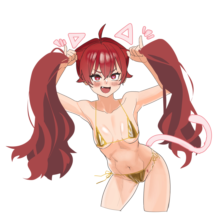 1girl absurdres alternate_hairstyle bikini breasts bunching_hair cat_tail cleavage eris_greyrat fang gold_bikini heart heart-shaped_pupils highres legs long_hair looking_at_viewer medium_breasts mushoku_tensei navel open_mouth playing_with_own_hair red_eyes red_hair side-tie_bikini_bottom sideboob smile solo swimsuit symbol-shaped_pupils tail teeth thighs toned tongue twintails very_long_hair
