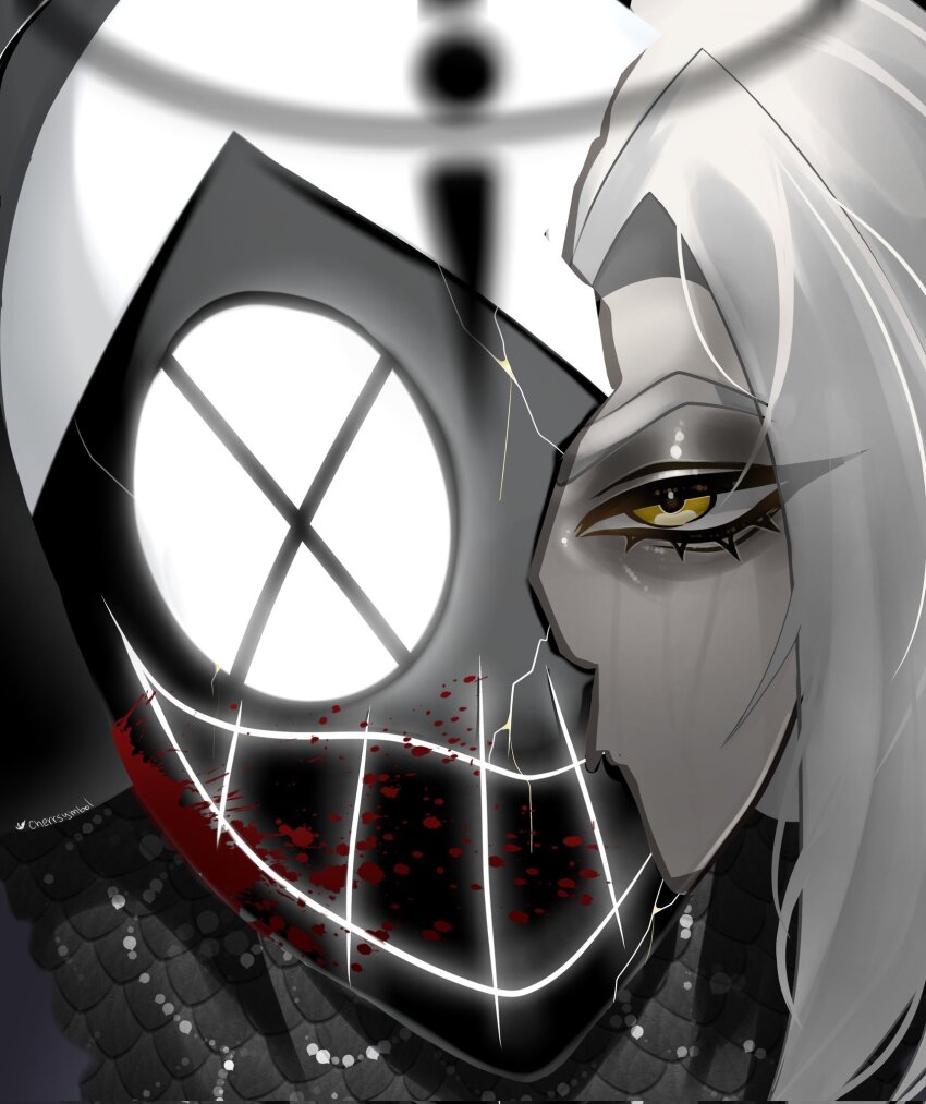 1girl cherrsymbol commentary cracked_kawaii_mask cracked_mask english_commentary grey_hair hazbin_hotel hellaverse highres looking_at_viewer lute_(hazbin_hotel) mask portrait short_hair solo white_hair yellow_eyes