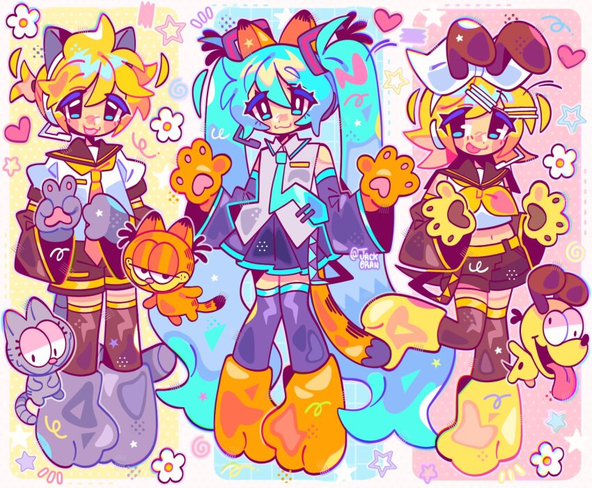 1boy 2girls 4boys animal_ears aqua_eyes blonde_hair blue_eyes blue_hair bow crossover detached_sleeves dog_ears garfield garfield_(character) hair_bow hair_ornament hair_ribbon hairclip hatsune_miku headphones highres hiiragi_kagami jack0ran kagamine_rin long_hair looking_at_viewer multiple_boys multiple_girls nermal odie_(garfield) open_mouth ribbon shirt short_hair shorts siblings smile solo twintails vocaloid
