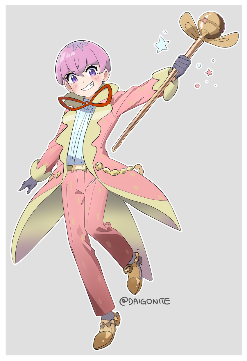 1boy belt belt_buckle blush border buckle coat collared_shirt commentary eyelashes full_body gloves goro_orb grey_gloves grin highres holding long_sleeves male_focus neck_ribbon nintendo open_clothes open_coat ortega_(pokemon) outstretched_arm pants pink_coat pink_pants pokemon pokemon_sv purple_eyes purple_hair red_ribbon ribbon shirt shoes short_hair smile socks solo star_(symbol) team_star teeth twitter_username watermark white_border