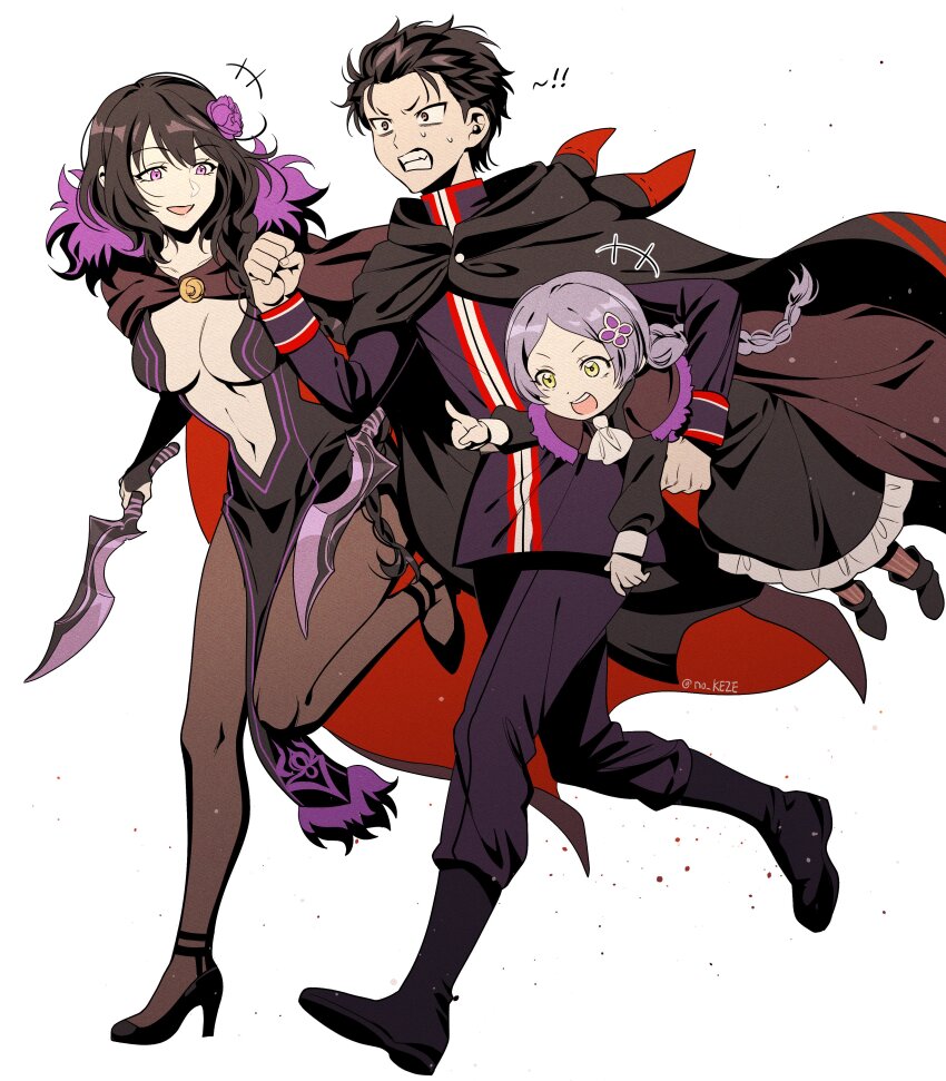 1boy 2girls absurdres black_dress black_hair braid braided_ponytail breasts bridal_gauntlets cape center_opening cleavage cloak collarbone dagger dress elsa_granhilte flower fur_trim green_eyes hair_flower hair_ornament high_heels highres knife large_breasts long_hair meili_portroute multiple_girls natsuki_subaru navel open_mouth pantyhose pelvic_curtain purple_eyes purple_flower purple_hair purple_rose re:zero_kara_hajimeru_isekai_seikatsu rose side_slit smile teeth weapon