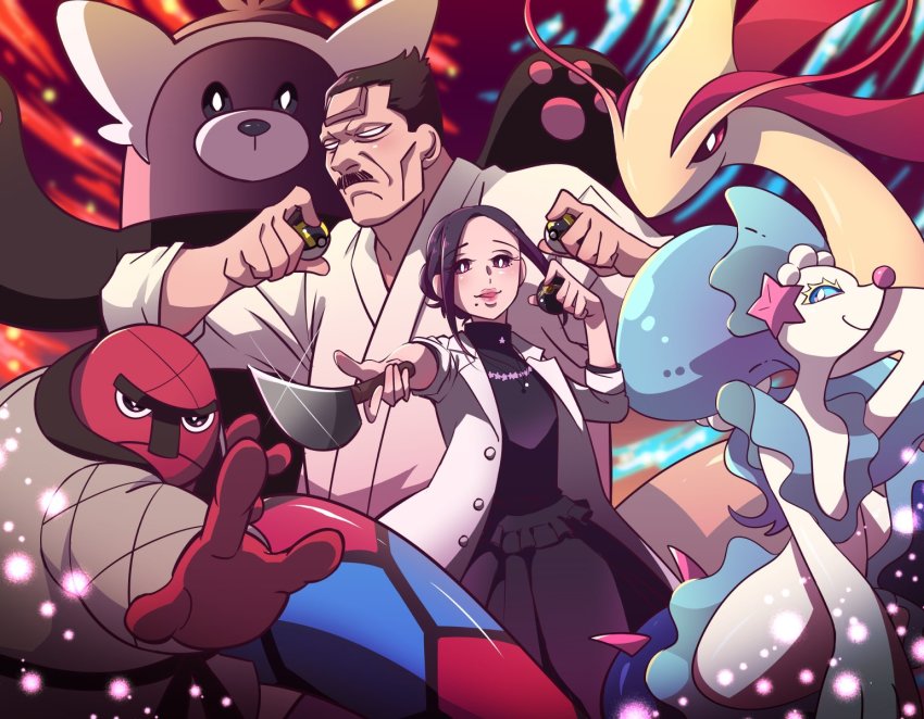 1boy 1girl bewear black_dress black_eyes clenched_hand crossover dougi dress gen_3_pokemon gen_5_pokemon gen_7_pokemon golden_kamuy highres holding holding_knife ienaga_kano japanese_clothes knife luxury_ball maddy milotic mole mole_under_mouth nintendo no_pupils poke_ball pokemon pokemon_(creature) primarina throh ultra_ball ushiyama_tatsuma